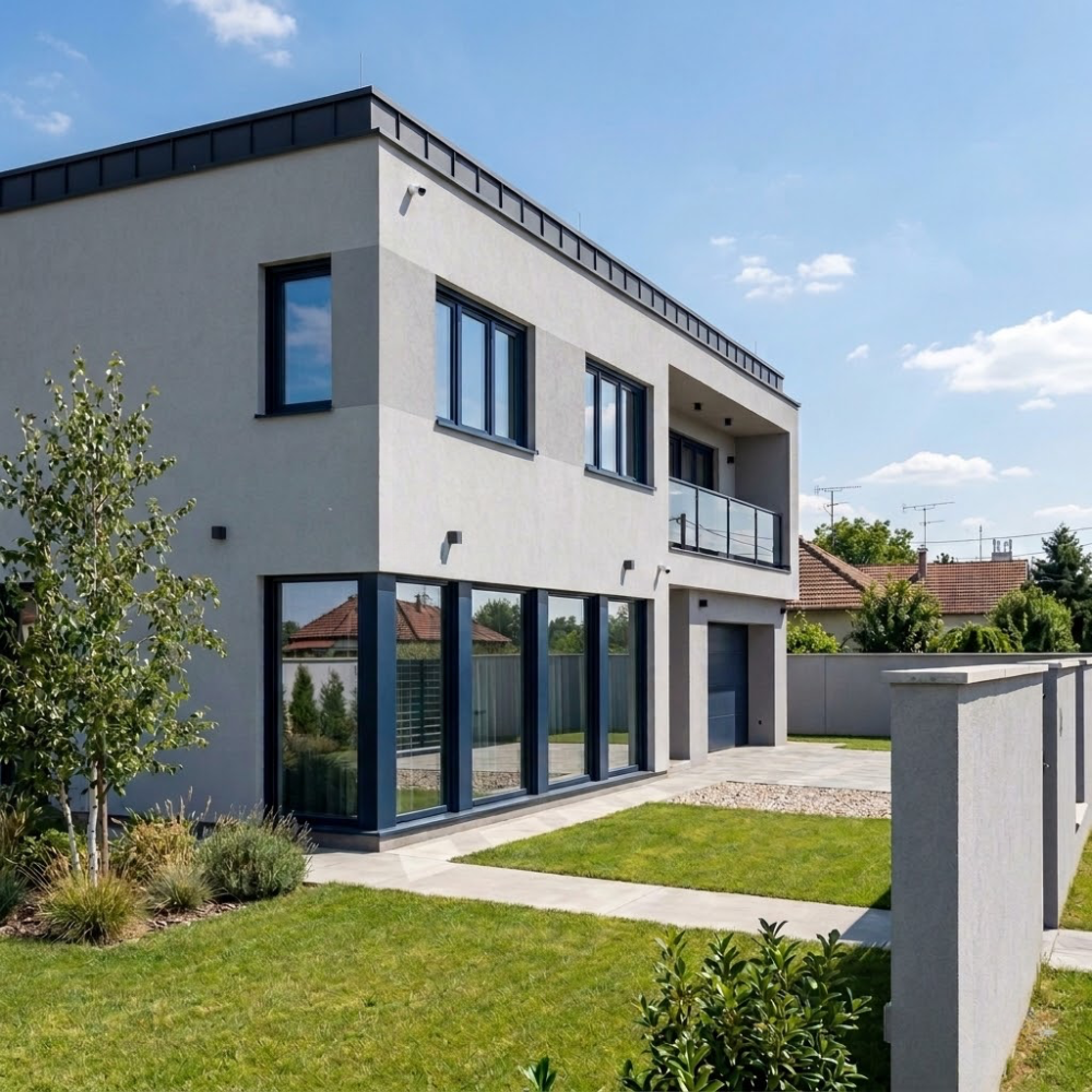 Alutop teget prozori na sivoj fasadi